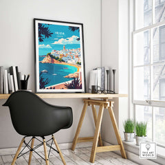 Ibiza Wall Art depicting a colorful coastal scene, enhancing a stylish interior workspace.