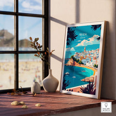 Ibiza Wall Art depicting a colorful coastal scene with boats and vibrant buildings in a stylish room setting.
