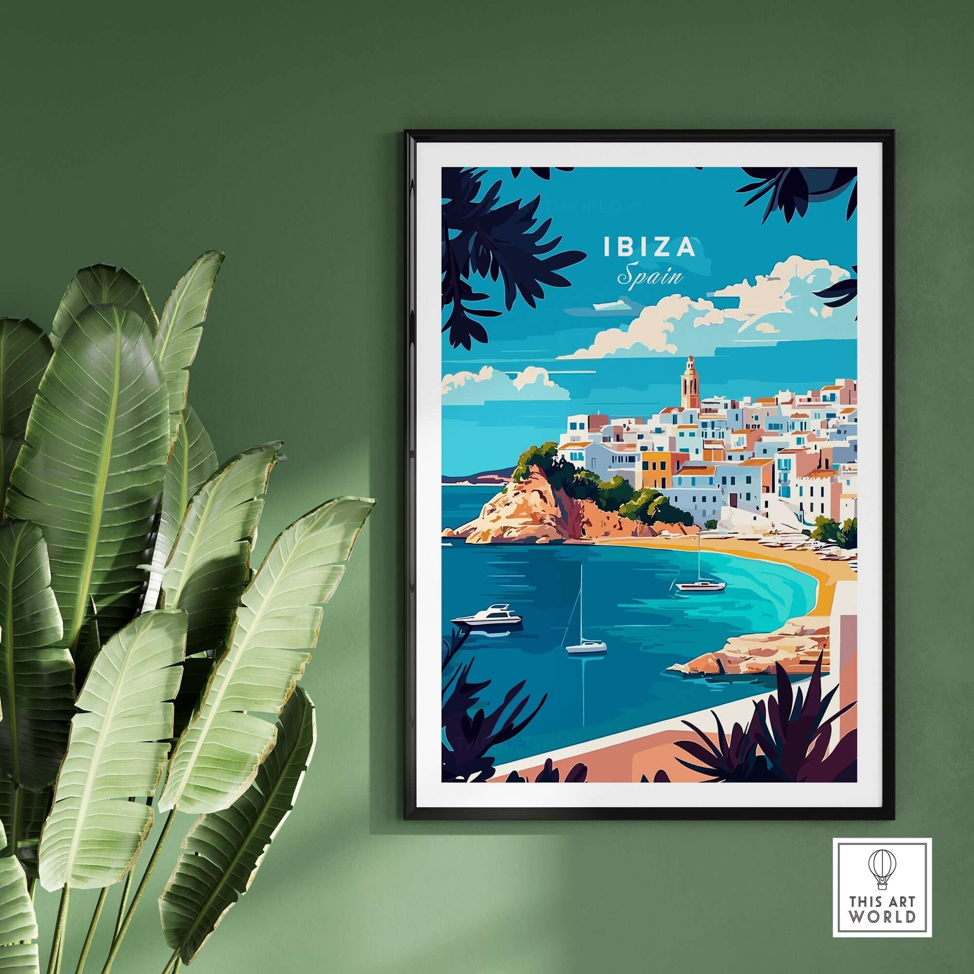 Ibiza Wall Art featuring a colorful depiction of Ibiza, Spain, capturing beach vibes and vibrant aesthetics.