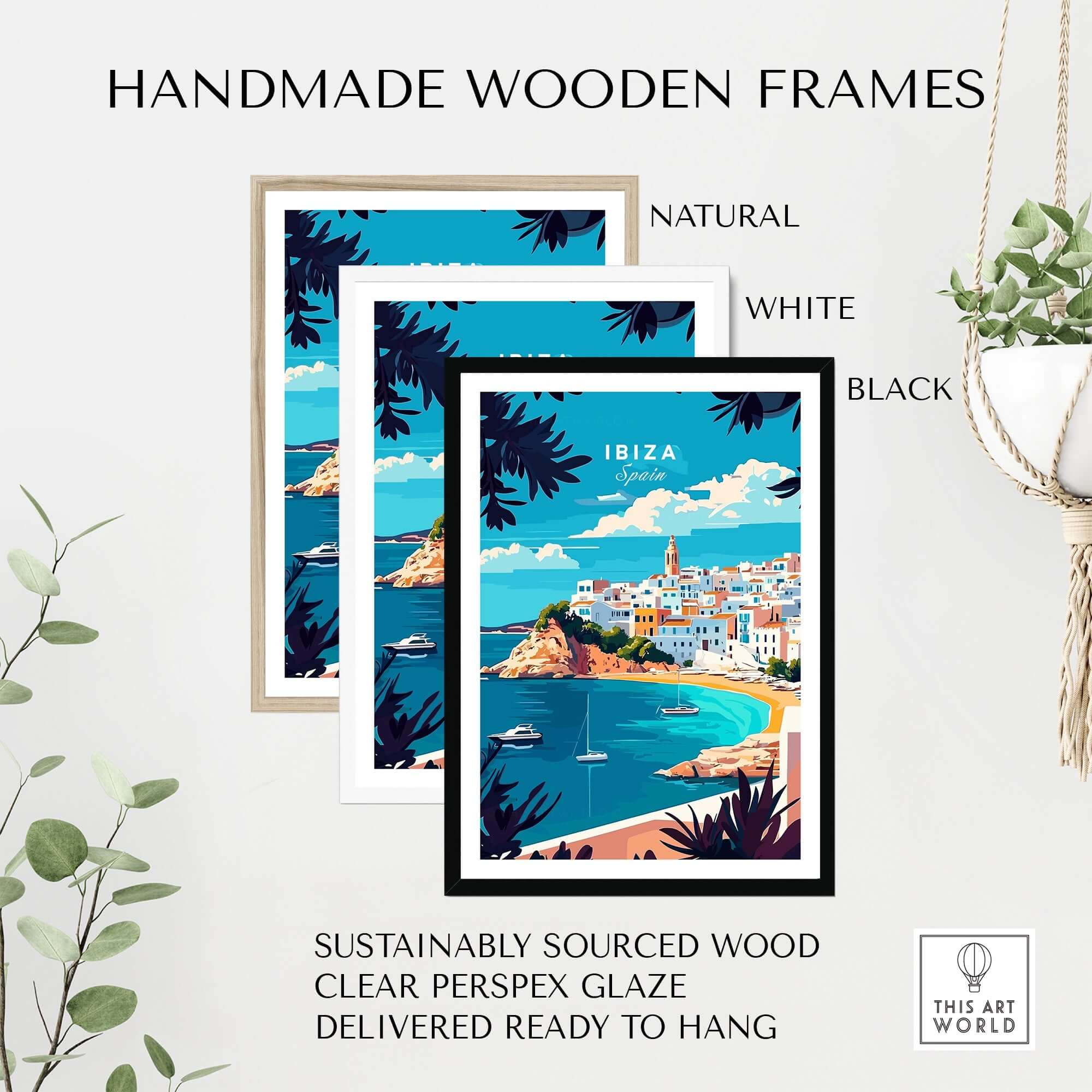 Ibiza Wall Art framed in natural, white, and black handmade wooden frames, showcasing vibrant coastal scenery.