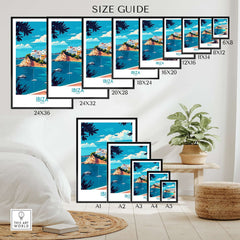 Ibiza Wall Art Print size guide showcasing multiple frame sizes and vibrant Ibiza design for home decor.