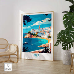 Ibiza Wall Art Print featuring a picturesque view of Ibiza, Spain, with colorful buildings and a serene bay.