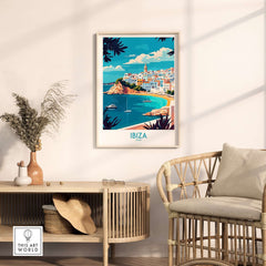 Ibiza Wall Art Print showcasing a vibrant coastal scene of Ibiza in a stylish home decor setting.