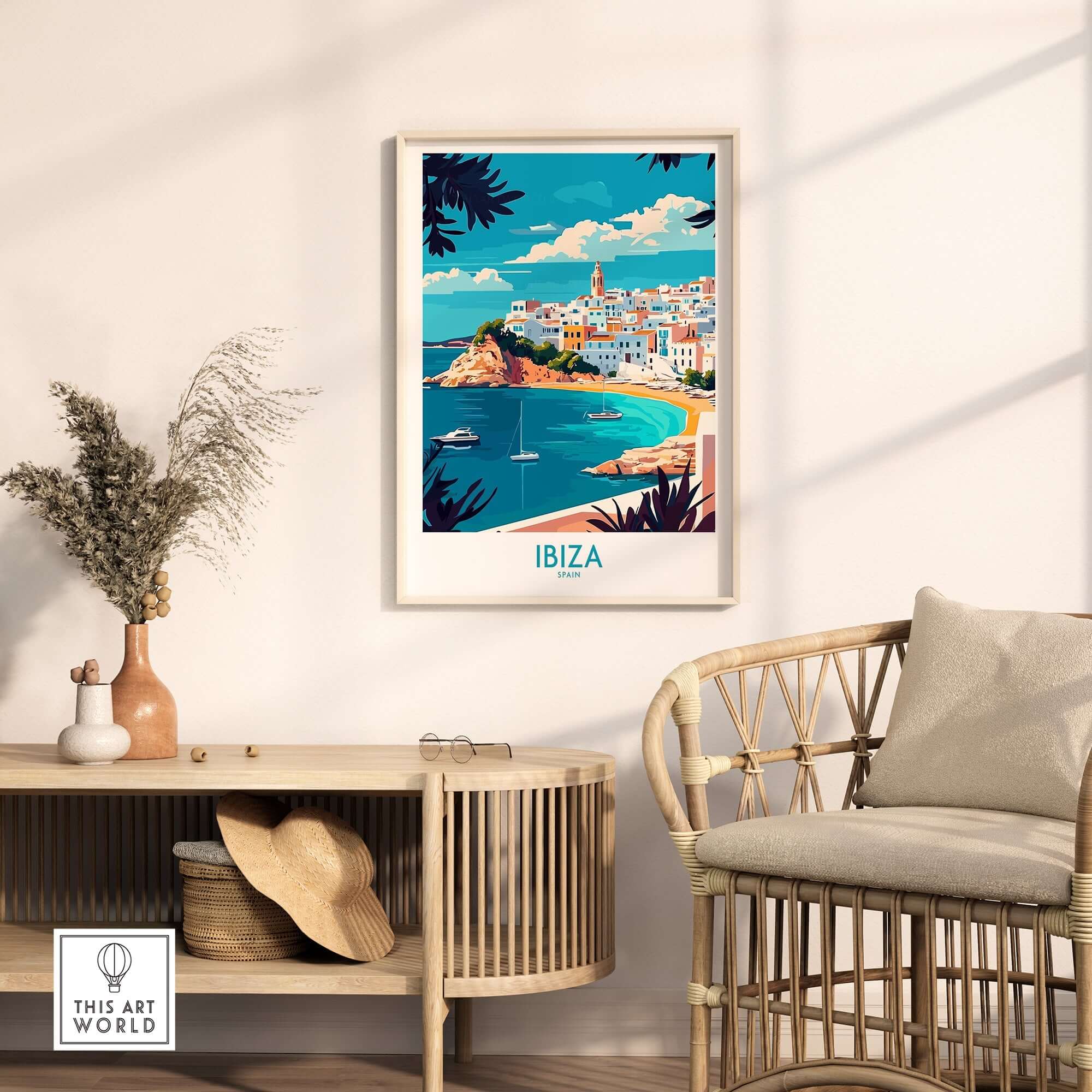 Ibiza Wall Art Print showcasing a vibrant coastal scene of Ibiza in a stylish home decor setting.