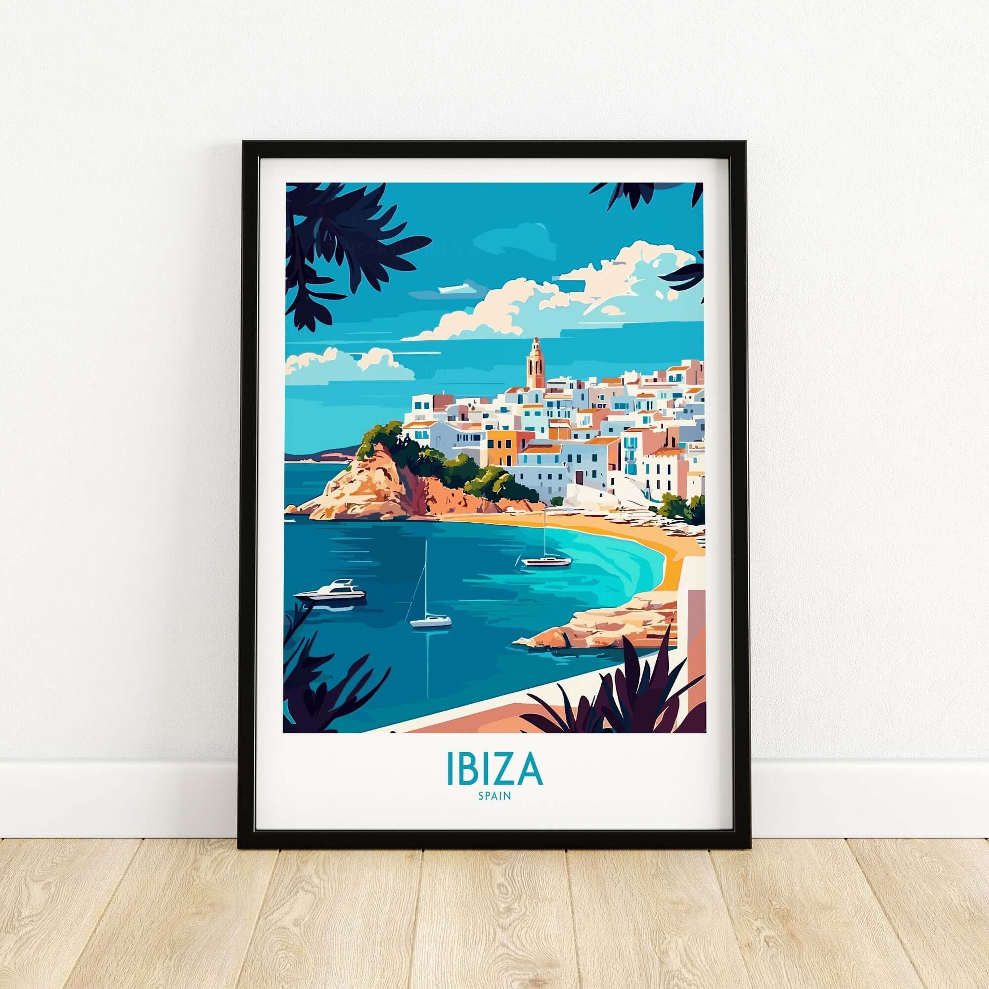 Ibiza Wall Art Print featuring vibrant artwork of Ibiza coastline and architecture, perfect for home decor and travel inspiration.
