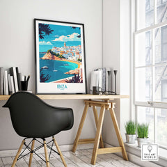 Ibiza Wall Art Print displayed in a stylish workspace, enhancing the room's vibrant atmosphere.