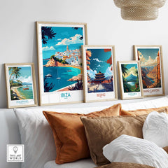 Ibiza Wall Art Print displayed among travel prints featuring Costa Rica, Beijing, Philippines, and Grand Canyon.