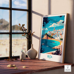 Ibiza Wall Art Print displayed in a serene indoor setting, showcasing the vibrant beauty of Ibiza, Spain.