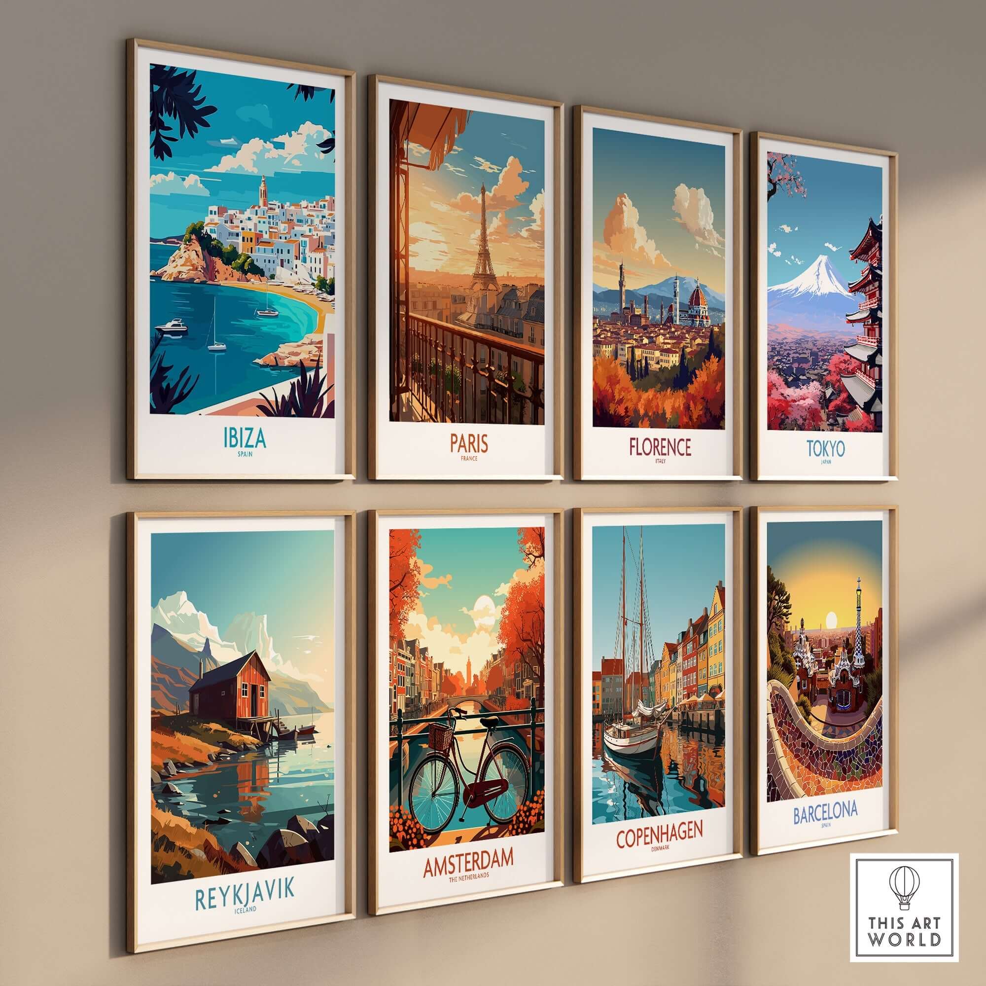 Ibiza Wall Art Print showcasing vibrant cityscapes and iconic destinations in a stylish gallery wall display.