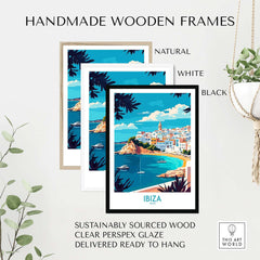 Ibiza Wall Art Print displayed in handmade wooden frames; natural, white, and black options showcased.