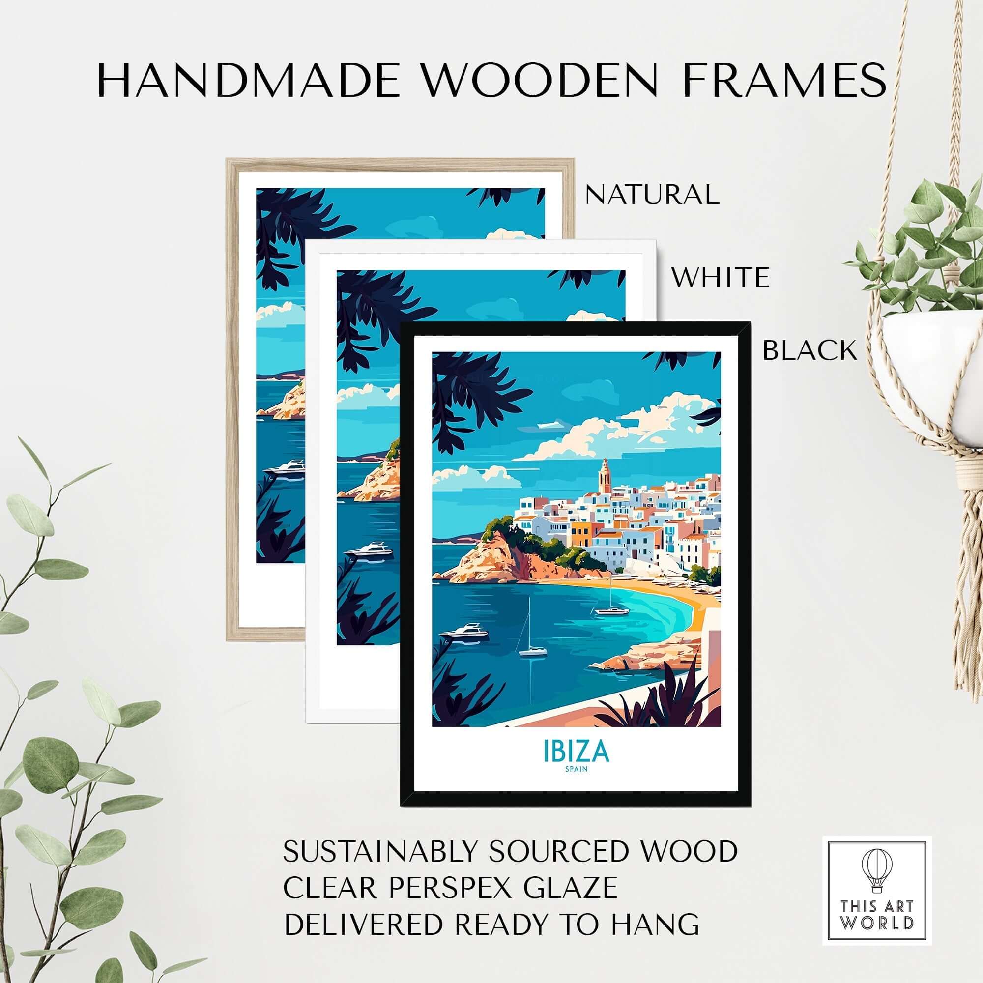 Ibiza Wall Art Print displayed in handmade wooden frames; natural, white, and black options showcased.