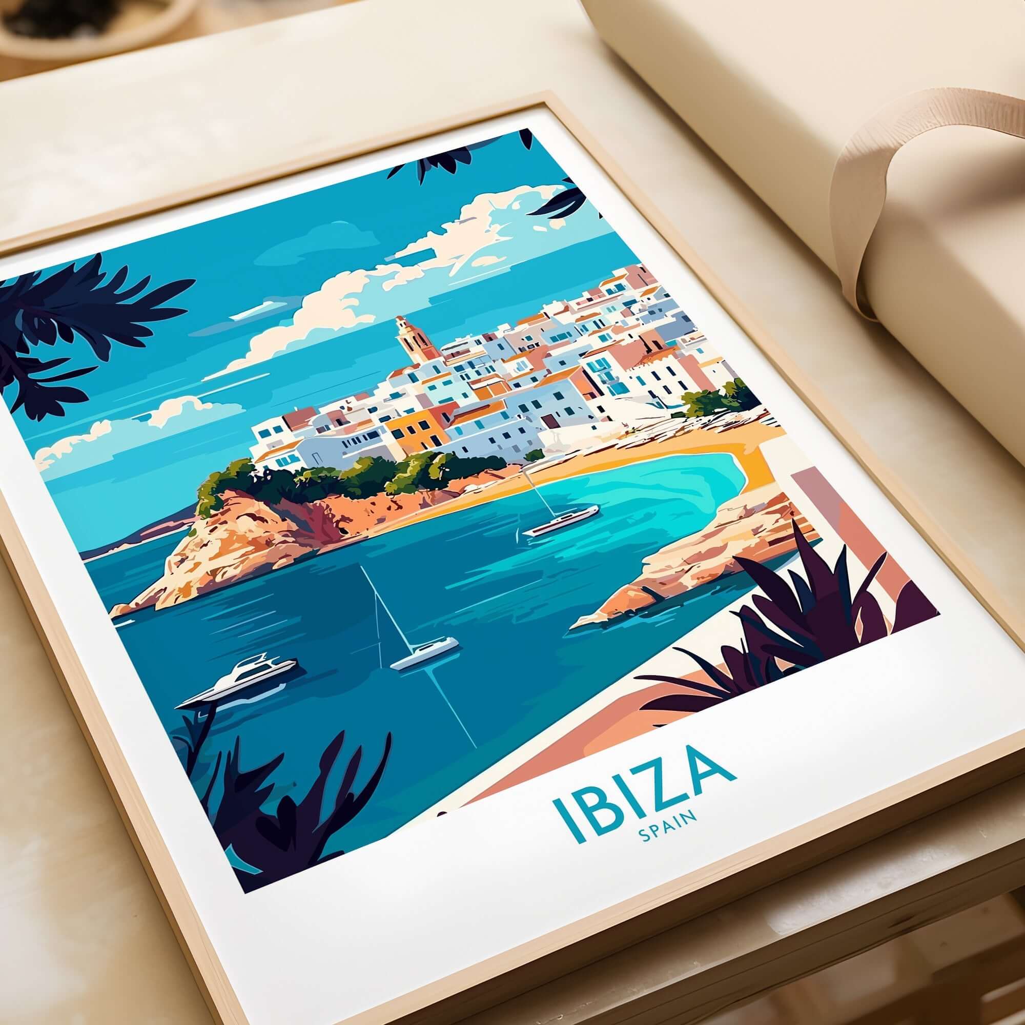 Ibiza Wall Art Print featuring a vibrant coastal scene of Ibiza, Spain with boats on the water.