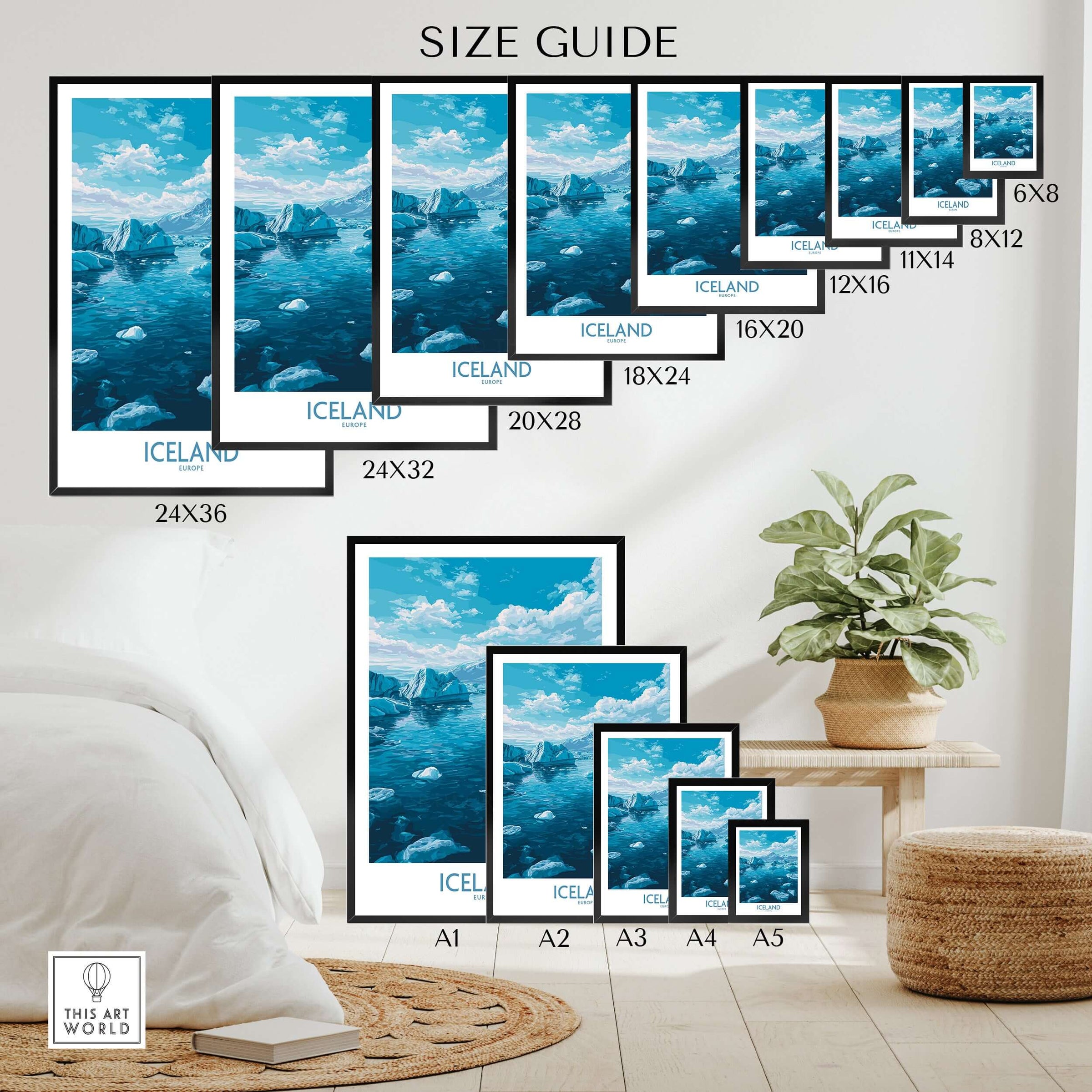 Iceland Art Print | Travel Poster size guide showcasing various dimensions and options for Icelandic landscape prints.