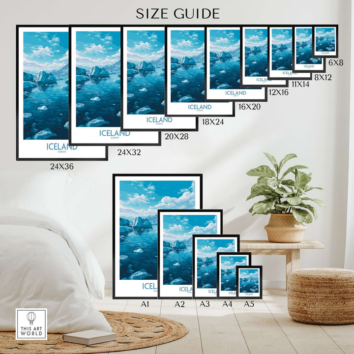 Iceland Art Print | Travel Poster size guide showcasing various print dimensions and stunning landscape design.