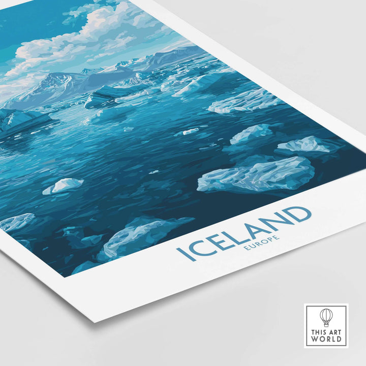 Iceland Art Print | Travel Poster featuring a stunning icy landscape with glaciers and a tranquil blue sea.