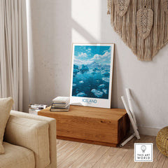 Iceland Art Print | Travel Poster showcasing stunning landscapes of glaciers and coastlines in a modern living room setting.