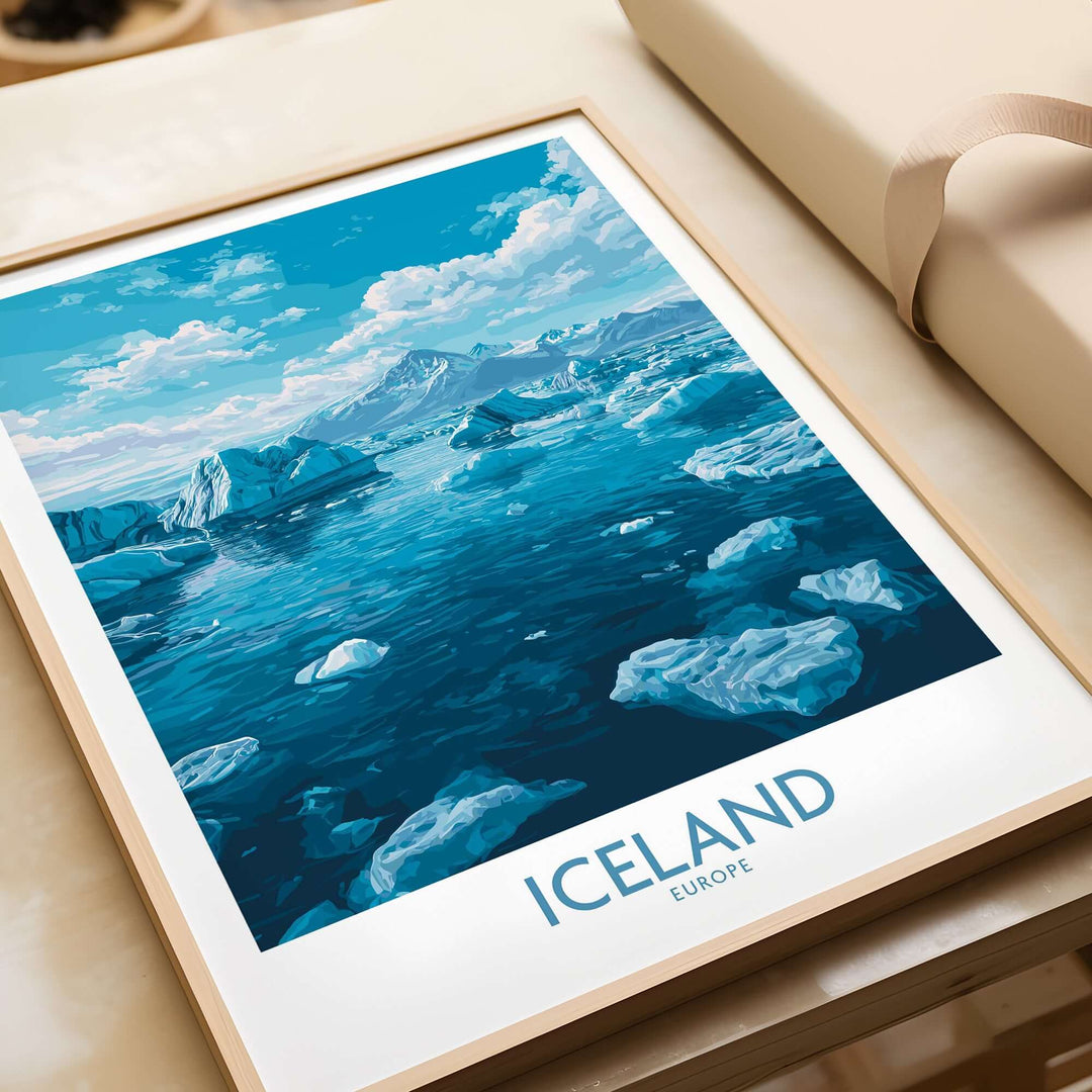 Iceland Art Print | Travel Poster featuring stunning blue glacier landscapes and tranquil waters.