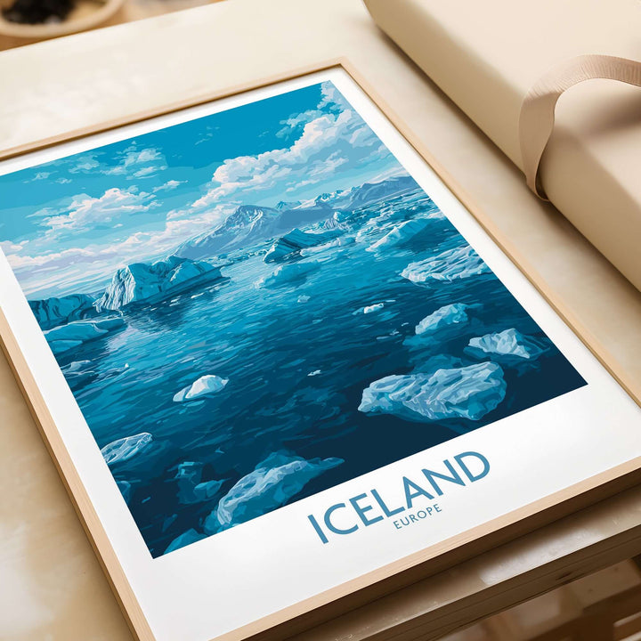 Iceland Art Print | Travel Poster featuring stunning blue glacier landscapes and tranquil waters.