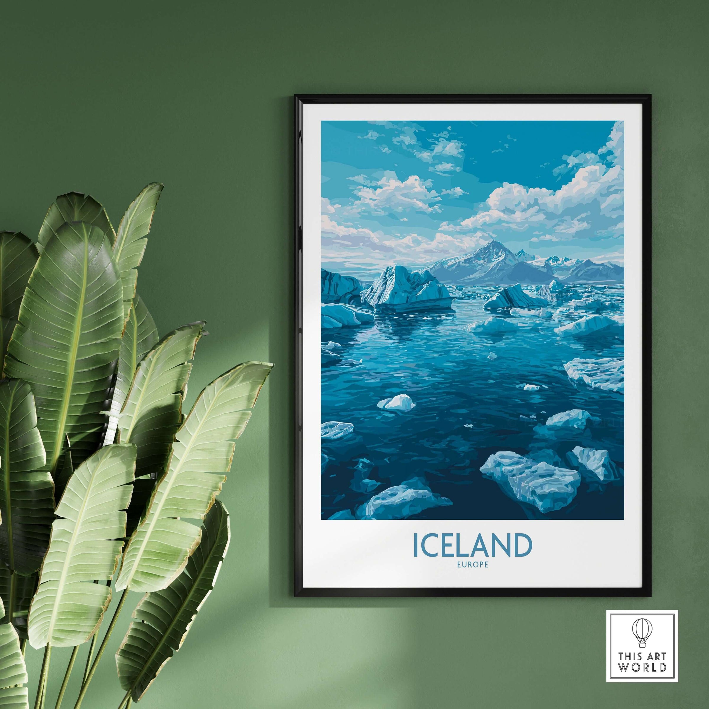 Iceland Art Print | Travel Poster showcasing stunning landscapes and icy waters against a green wall.