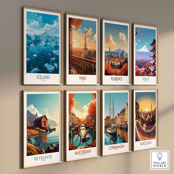 Iceland Art Print | Travel Poster featuring Icelandic landscapes and famous global city posters on display.