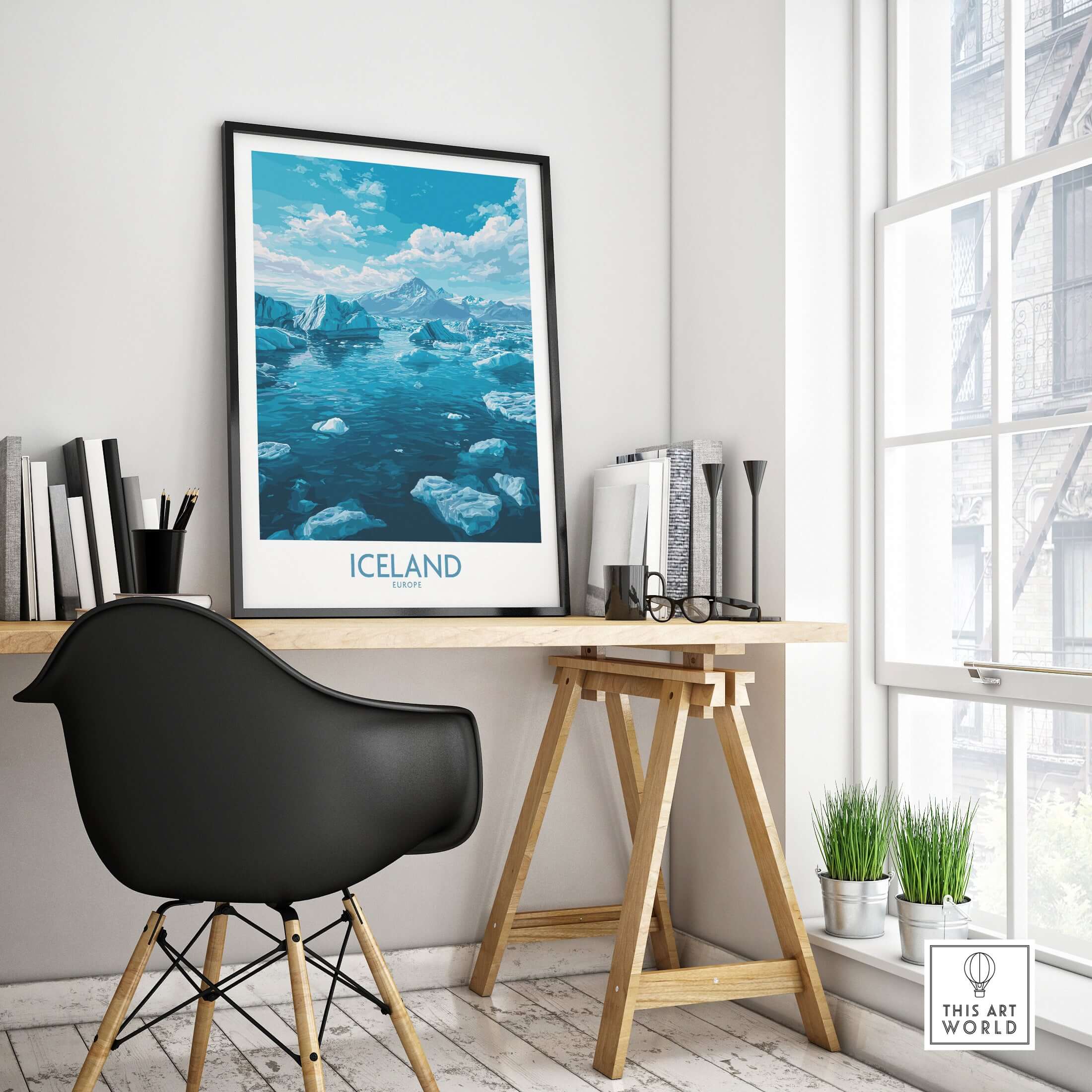 Iceland Art Print | Travel Poster framed in a stylish room with a desk and books, showcasing Iceland's stunning landscapes.
