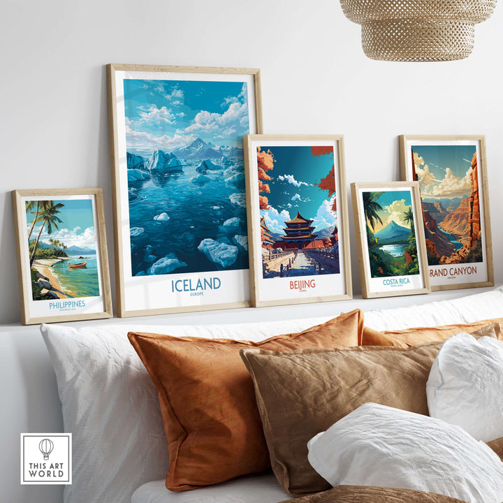 Iceland Art Print | Travel Poster showcased among other travel art prints on a stylish wall display.