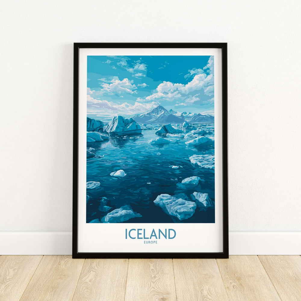 Iceland Art Print | Travel Poster featuring a stunning icy landscape and glaciers in a framed design.