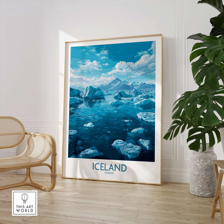 Iceland Art Print | Travel Poster featuring stunning glaciers and landscapes in a modern interior setting.