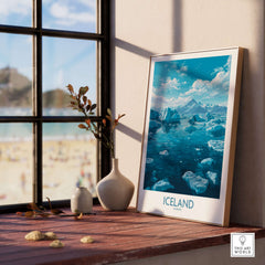 Iceland Art Print | Travel Poster showcased in a cozy interior setting with a view of the ocean and mountains.