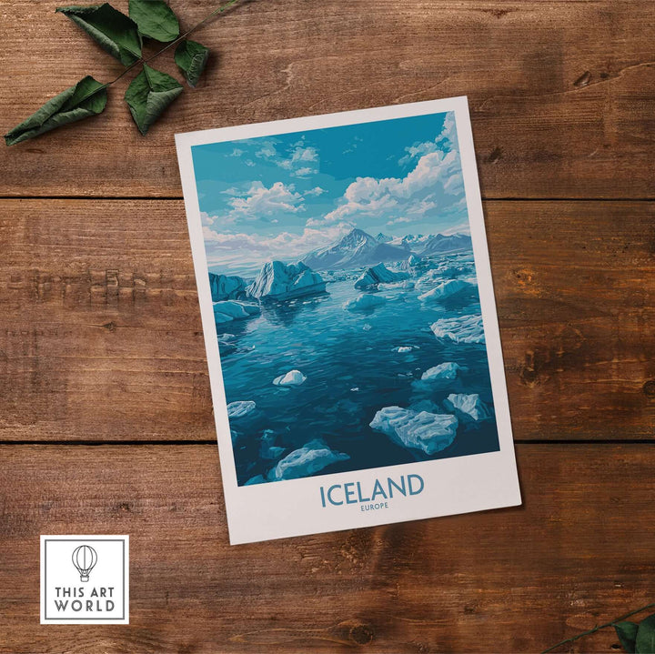 Iceland Art Print | Travel Poster showcasing stunning landscapes of glaciers and serene waters.