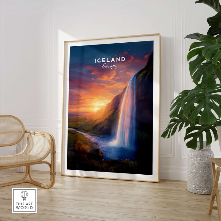 Iceland Poster | Icelandic Home Wall Art showcasing a stunning waterfall and colorful sunset in a chic living room setting.