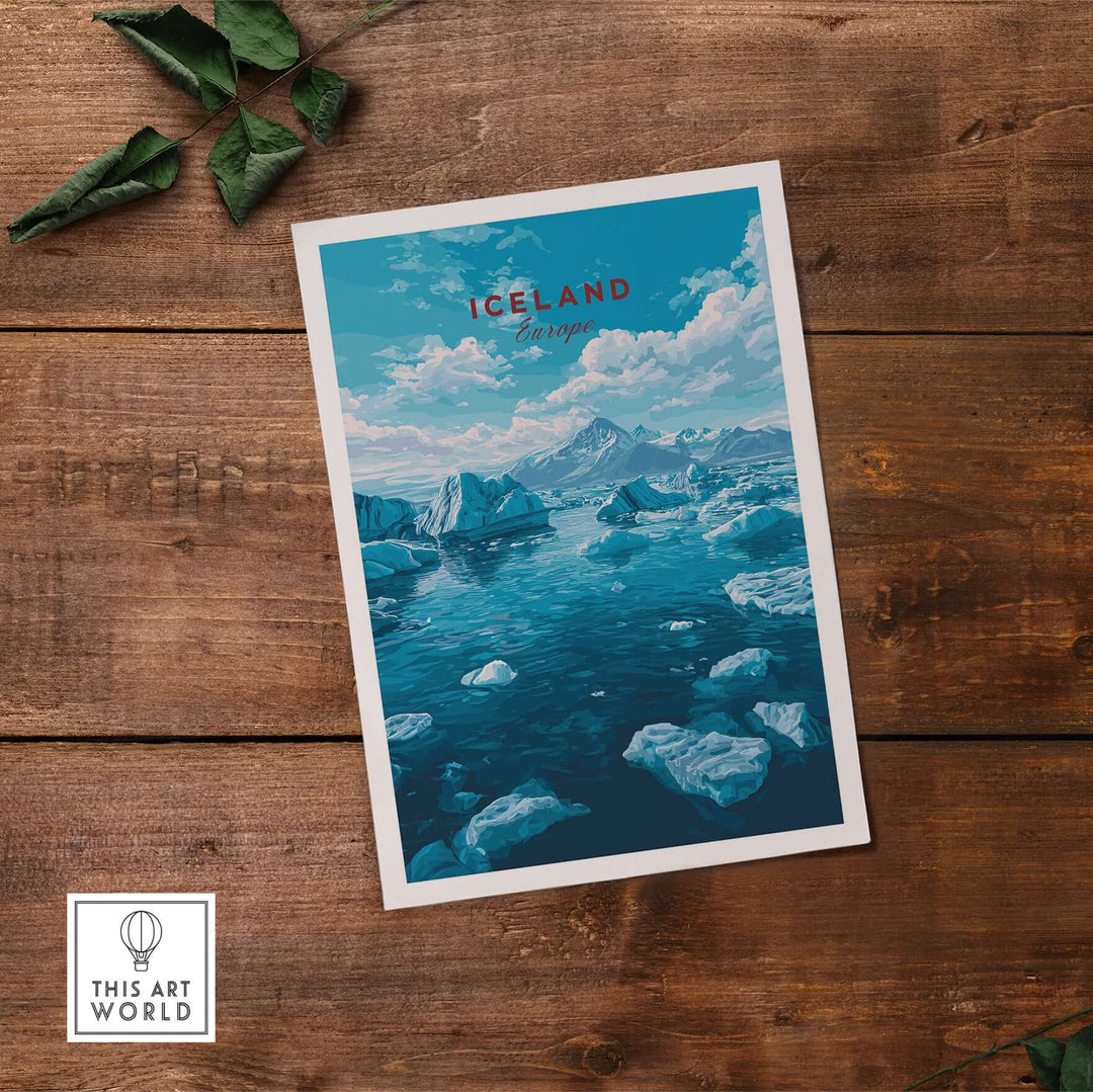 Iceland Poster | Nordic Landscape Wall Decor featuring serene icy waters and mountains in a vibrant color scheme.
