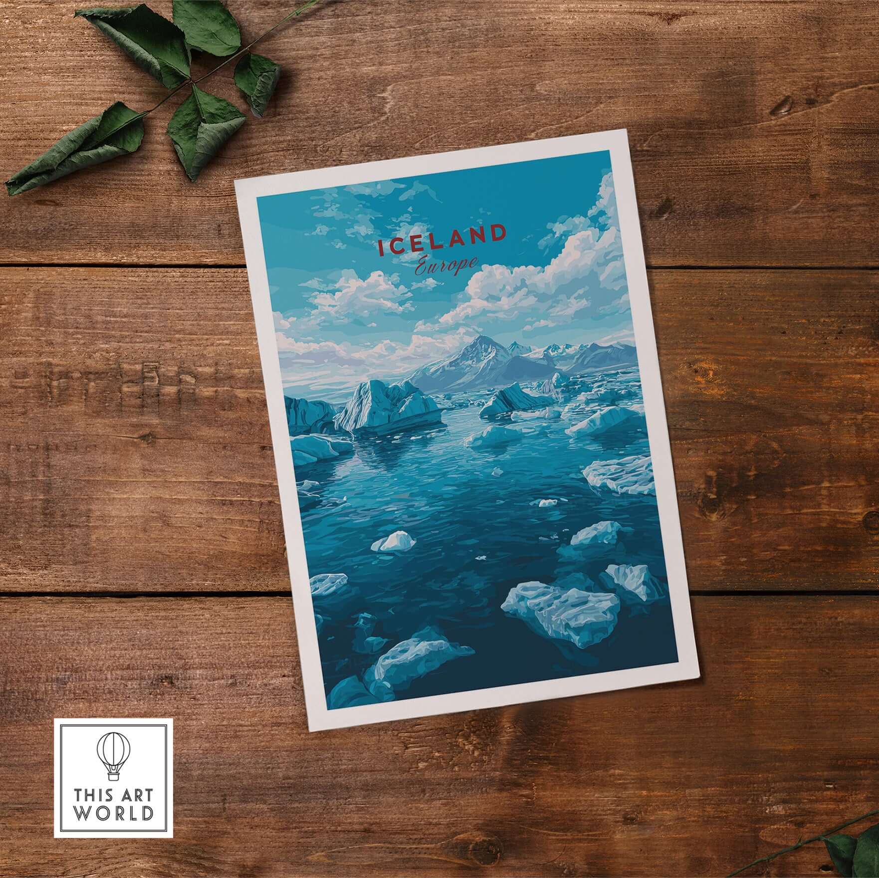 Iceland Poster | Nordic Landscape Wall Decor showcasing serene Icelandic scenery with icebergs and tranquil waters.