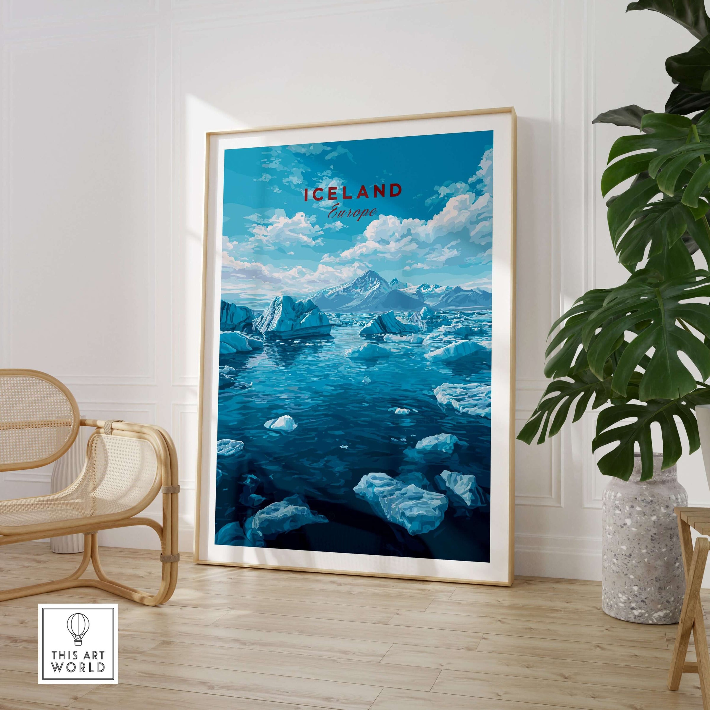 Iceland Poster | Nordic Landscape Wall Decor showcasing serene Iceland landscape with icy waters and mountains.