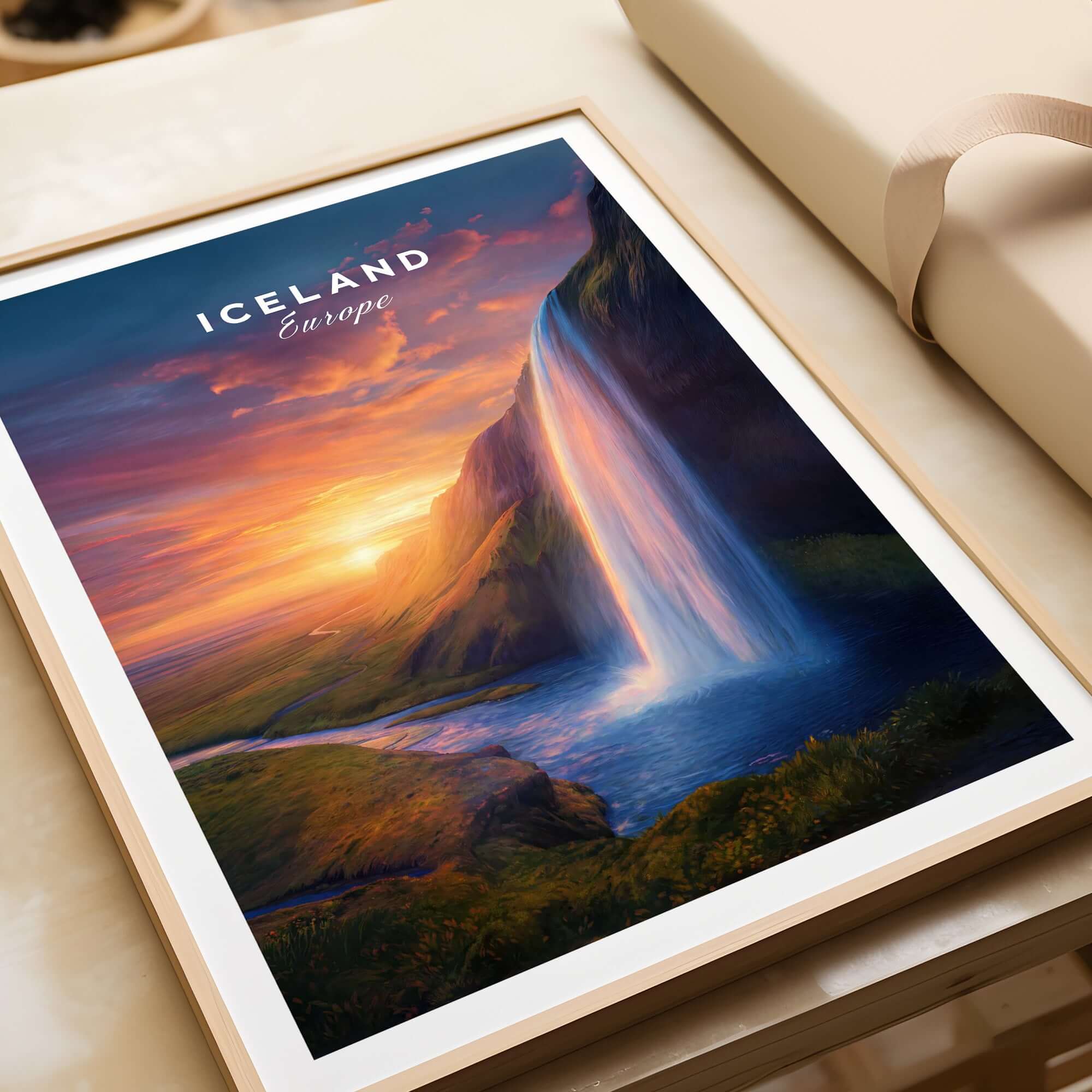 Iceland Poster | Icelandic Home Wall Art showcasing a vibrant waterfall at sunset in Icelandic landscape.