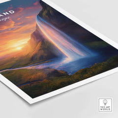 Iceland Poster | Icelandic Home Wall Art showcasing a stunning waterfall and colorful sunset over Icelandic landscapes.