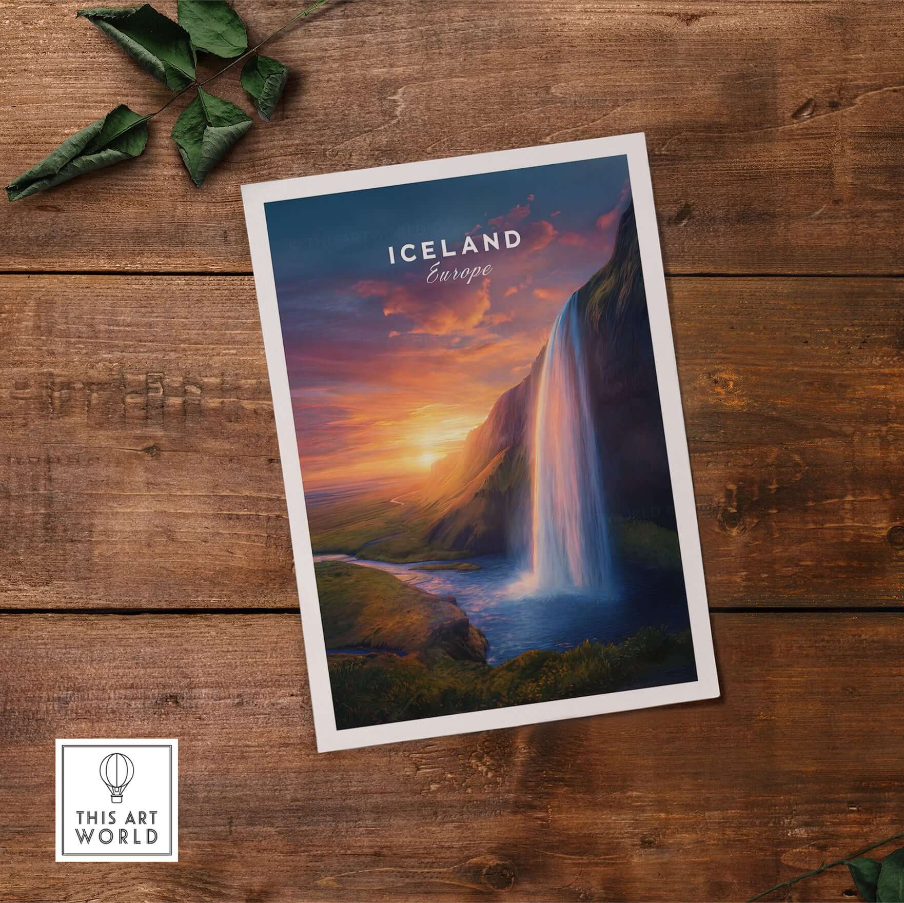 Iceland Poster | Icelandic Home Wall Art featuring a stunning waterfall landscape at sunset.