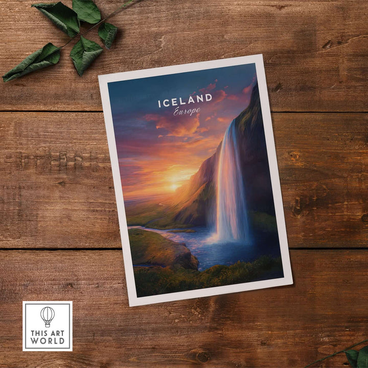Iceland Poster | Icelandic Home Wall Art featuring a stunning waterfall and colorful skies.