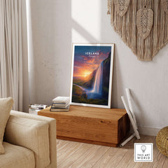 Iceland Poster | Icelandic Home Wall Art showcasing a stunning waterfall in a cozy living room setting.
