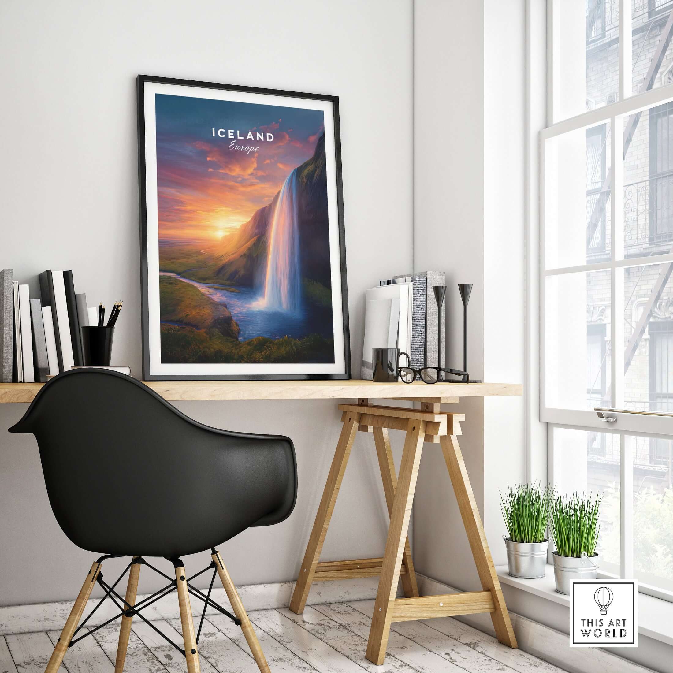 Iceland Poster | Icelandic Home Wall Art displayed in a stylish office setting with a waterfall landscape.