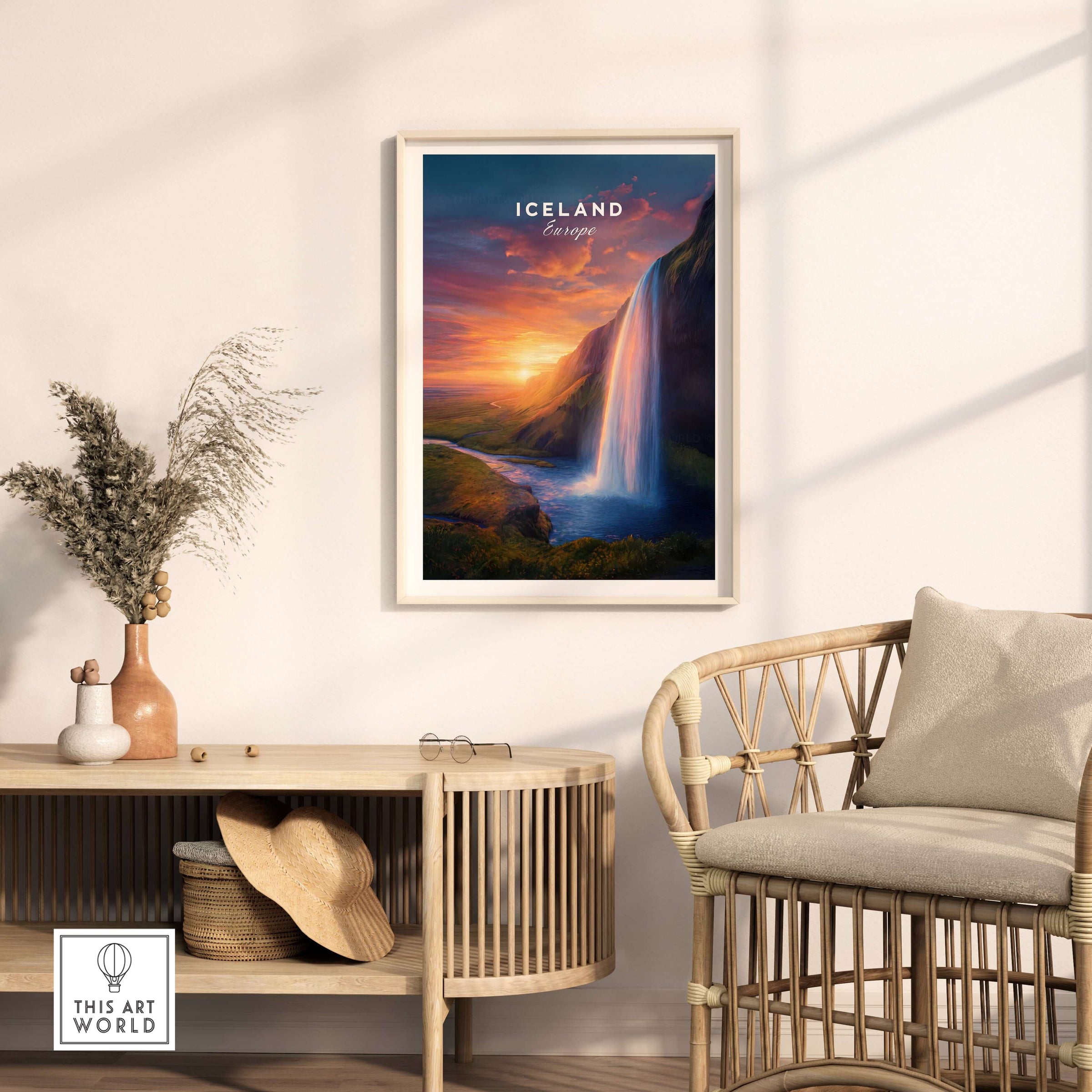 Iceland Poster | Icelandic Home Wall Art showcasing a stunning waterfall and serene landscape in a stylish living room.