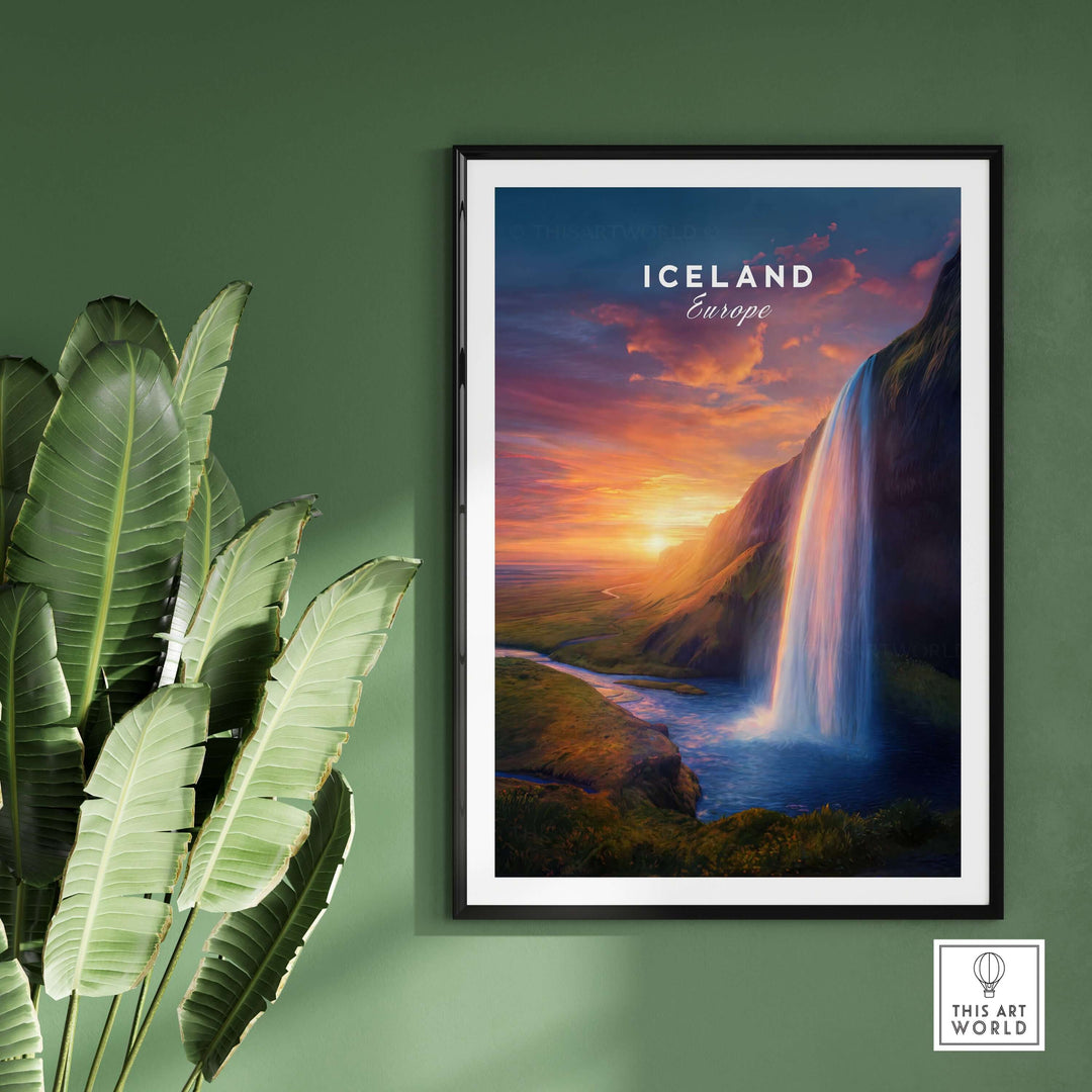 Iceland Poster | Icelandic Home Wall Art featuring a stunning waterfall and vibrant sunset.