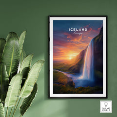 Iceland Poster | Icelandic Home Wall Art featuring a vibrant Icelandic waterfall landscape.