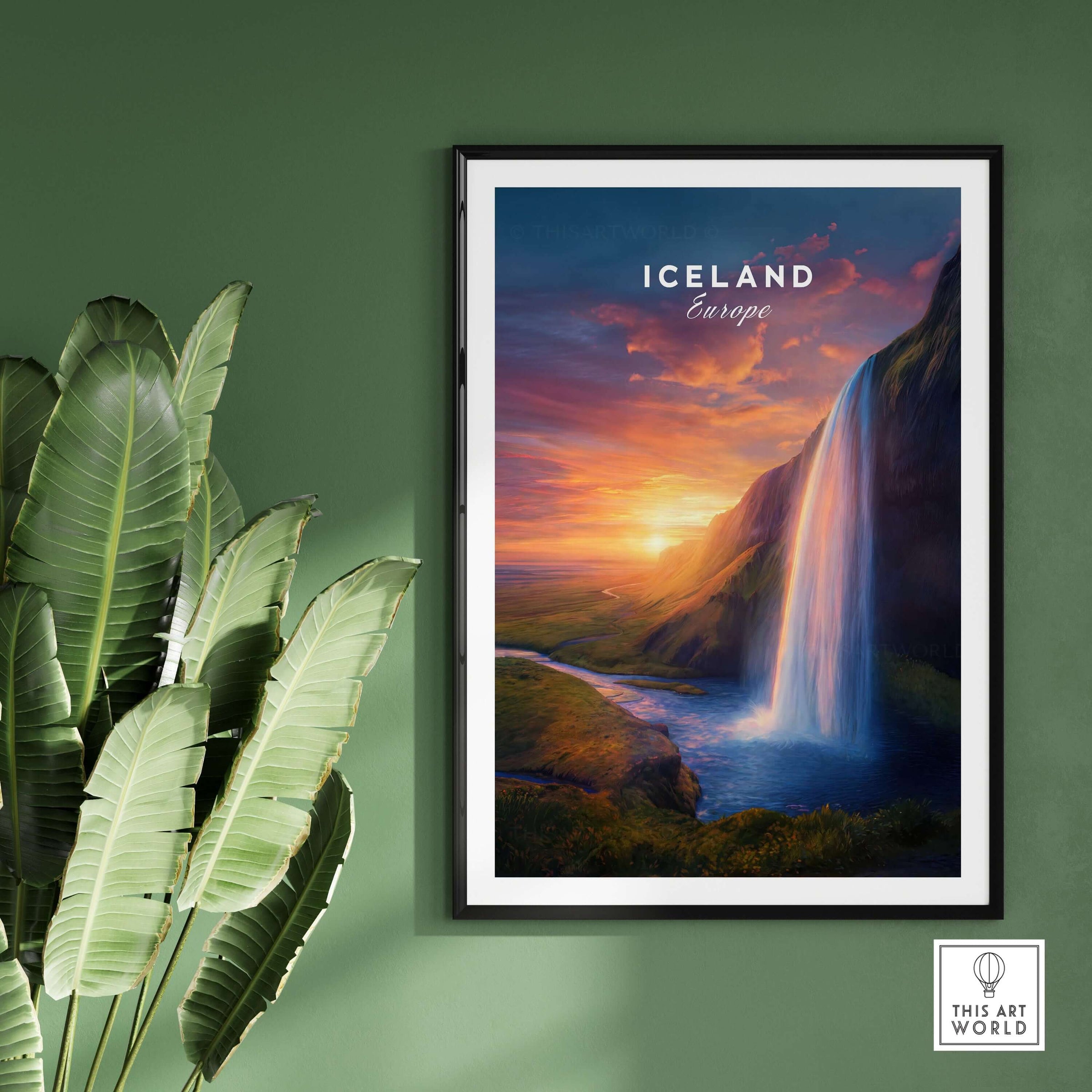 Iceland Poster | Icelandic Home Wall Art featuring a vibrant Icelandic waterfall landscape.