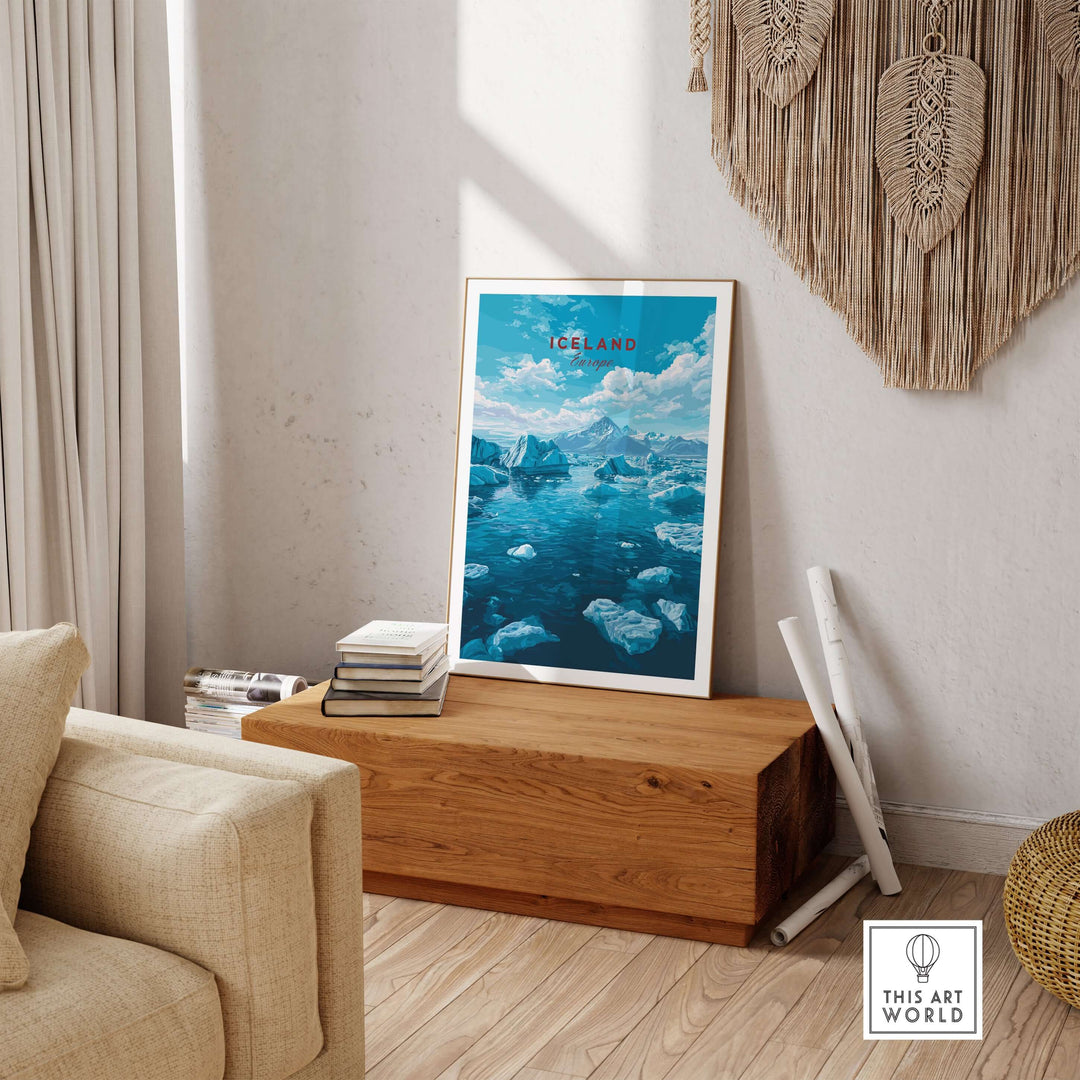 Iceland Poster | Nordic Landscape Wall Decor featuring serene blue glacial waters and rugged mountain scenery.