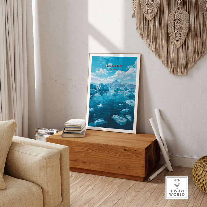 Iceland Poster | Nordic Landscape Wall Decor featuring serene blue glacial waters and rugged mountain scenery.