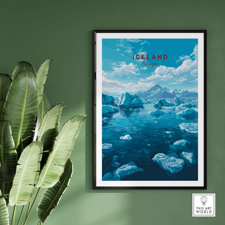 Iceland Poster | Nordic Landscape Wall Decor showcasing stunning blue icebergs and mountain scenery.