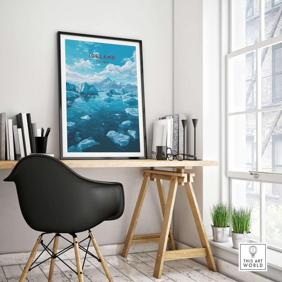 Iceland Poster | Nordic Landscape Wall Decor displayed in a stylish home office setting with a black chair and desk.