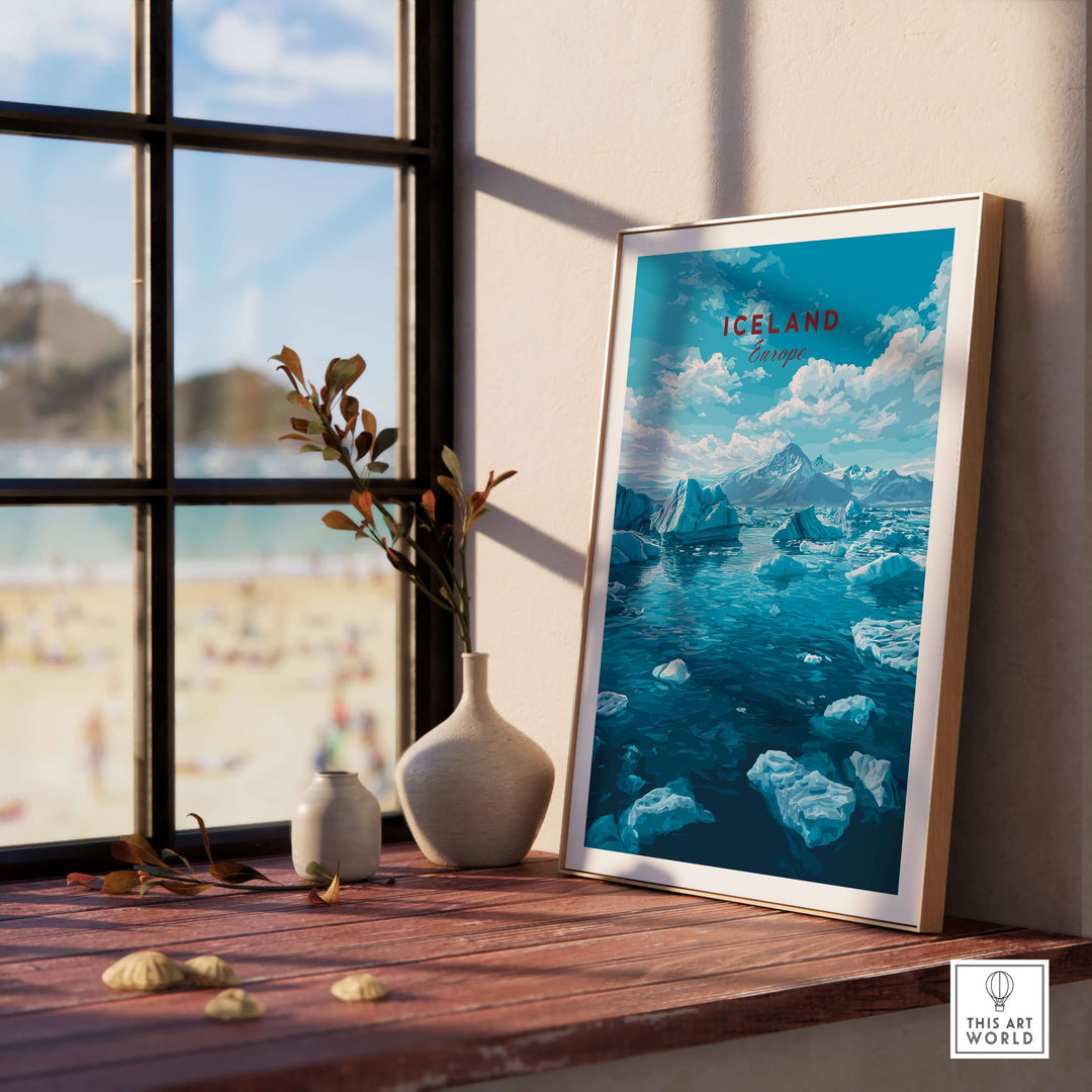 Iceland Poster | Nordic Landscape Wall Decor displayed in a bright room with a scenic view of icebergs and ocean.