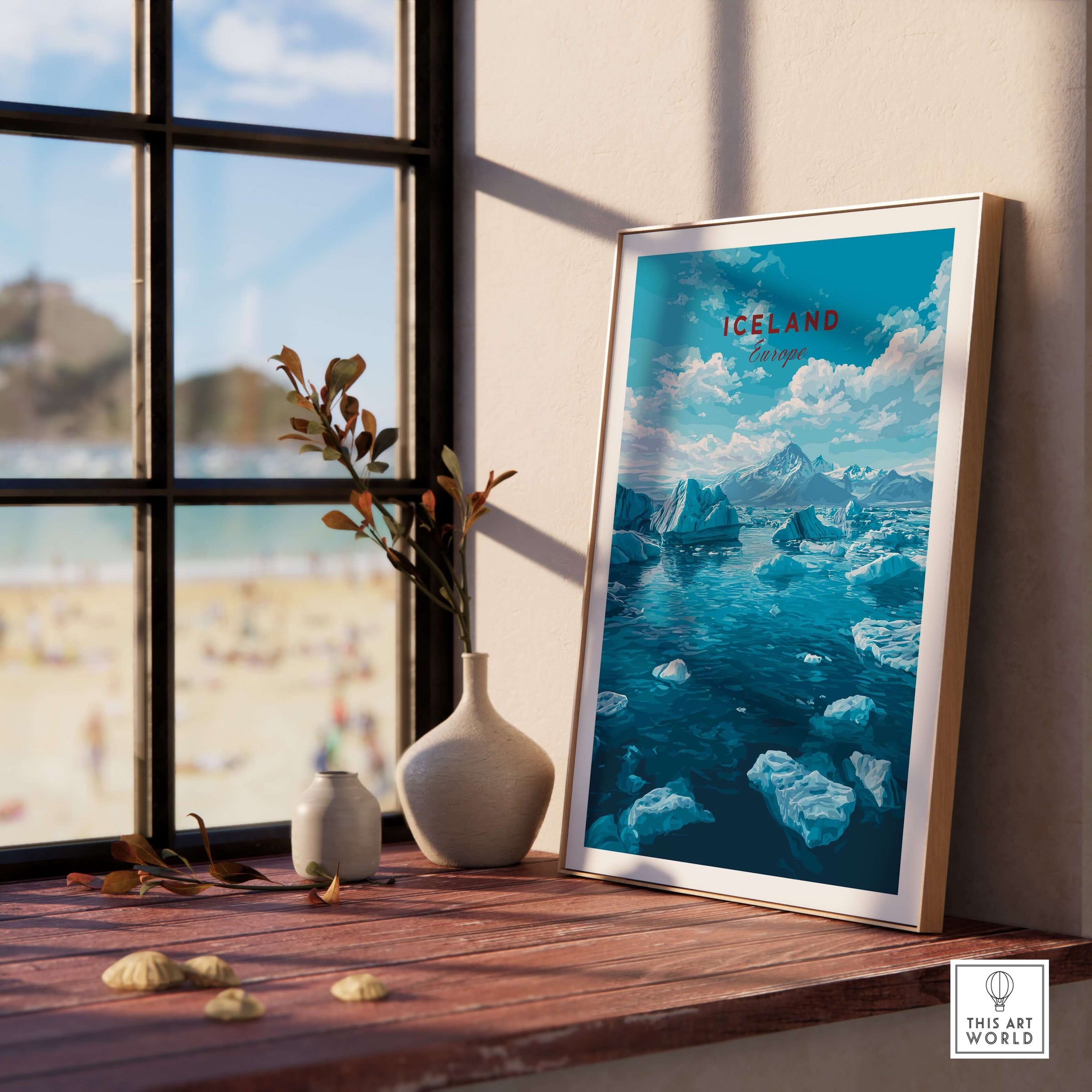 Iceland Poster | Nordic Landscape Wall Decor featuring serene blue waters and glaciers in a stylish frame.